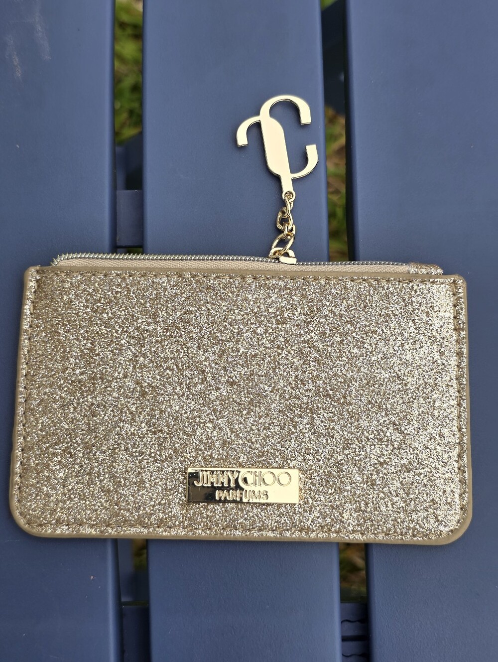 Jimmy Choo Parfums Gold Glitter Zip Pouch Cosmetic Makeup Bag Clutch NWOT 3x5